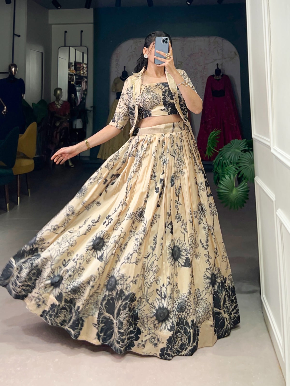 Tussar Silk Lehenga Choli with Floral Prints