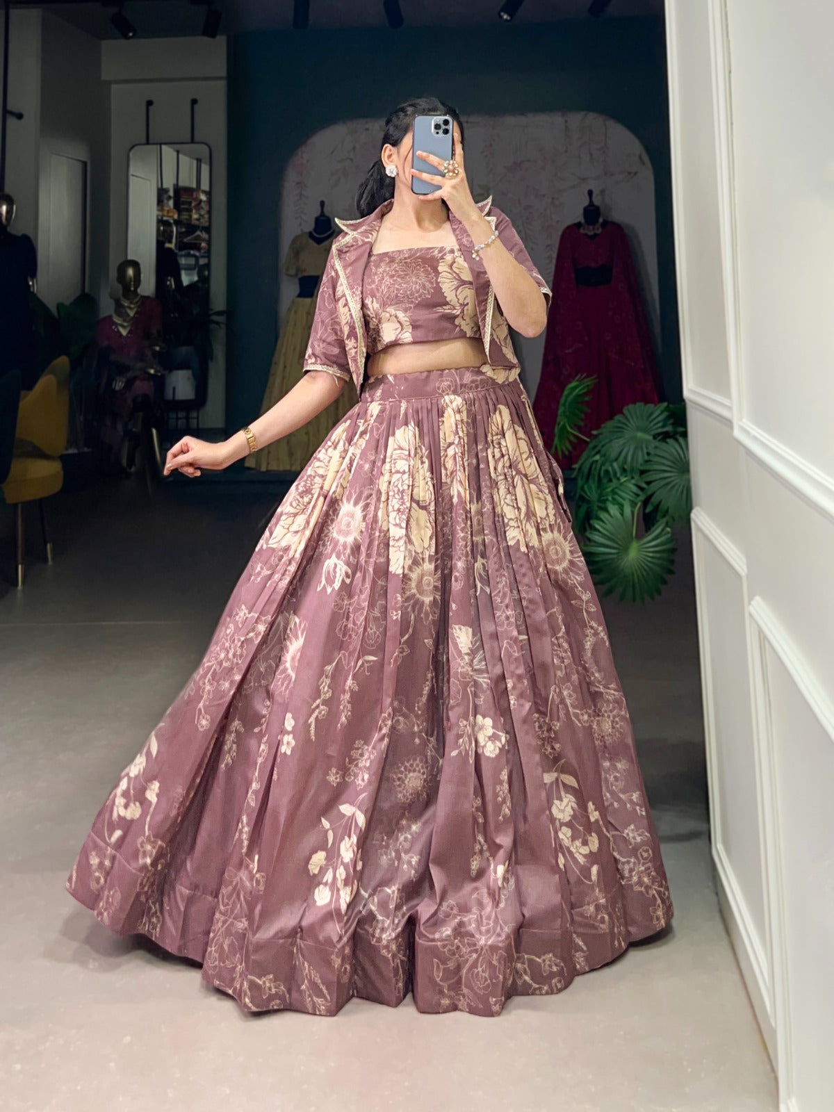 Tussar Silk Lehenga Choli with Floral Prints