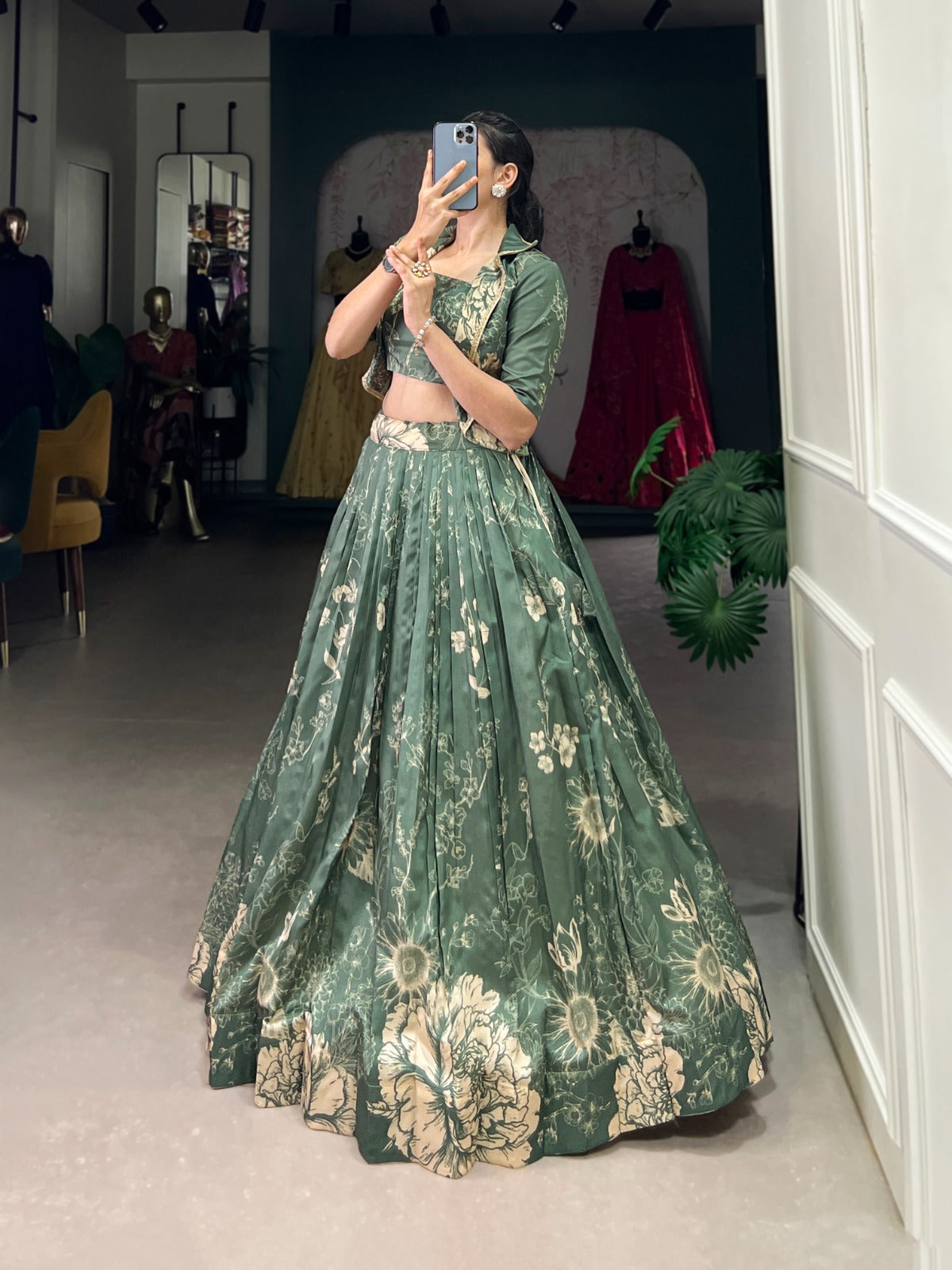 Tussar Silk Lehenga Choli with Floral Prints