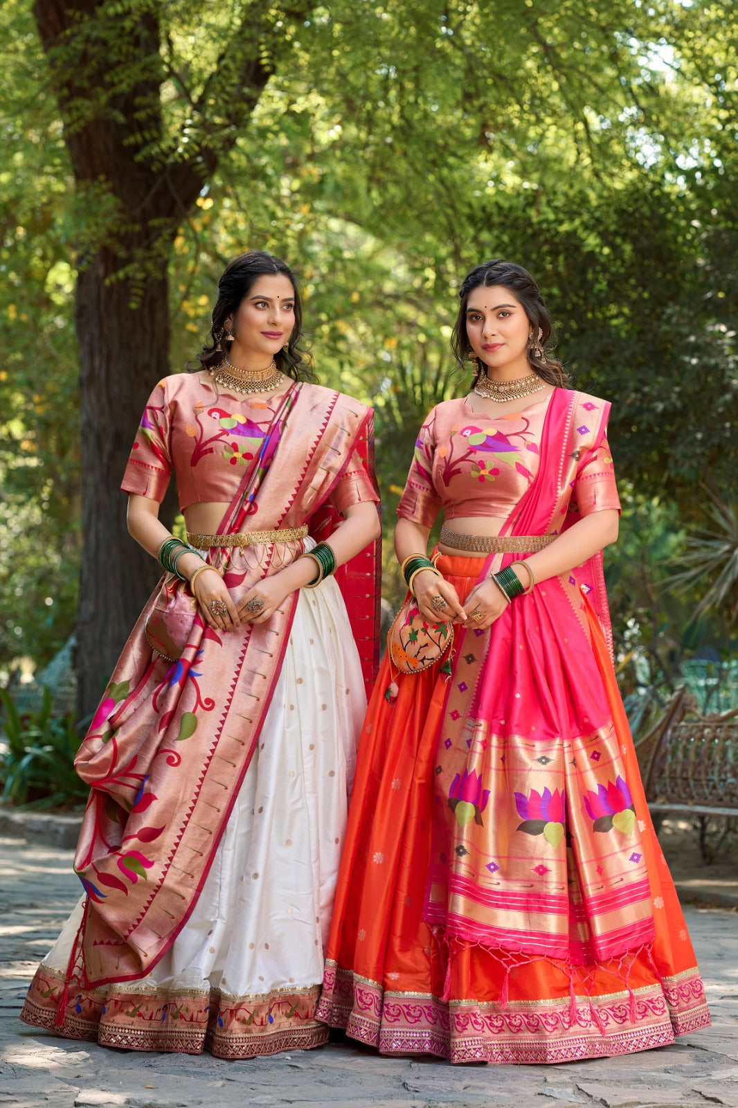 Orange & White Jacquard Silk Paithani Lehenga Choli