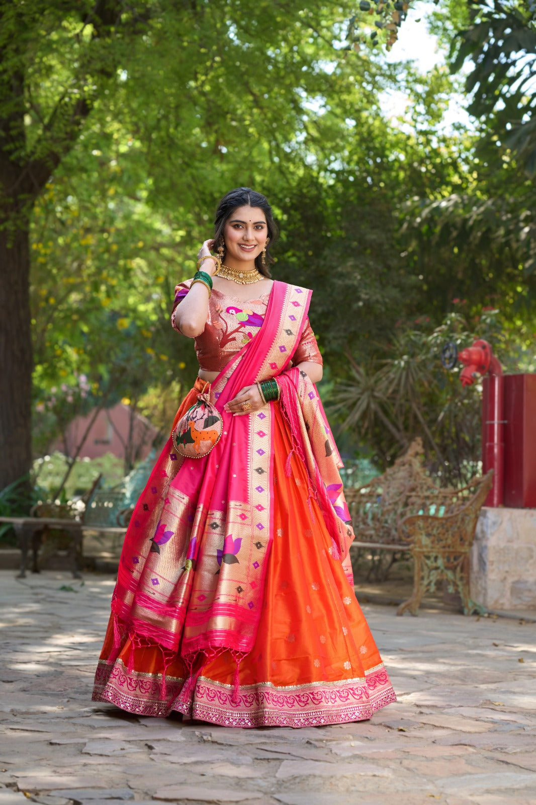 Orange & White Jacquard Silk Paithani Lehenga Choli