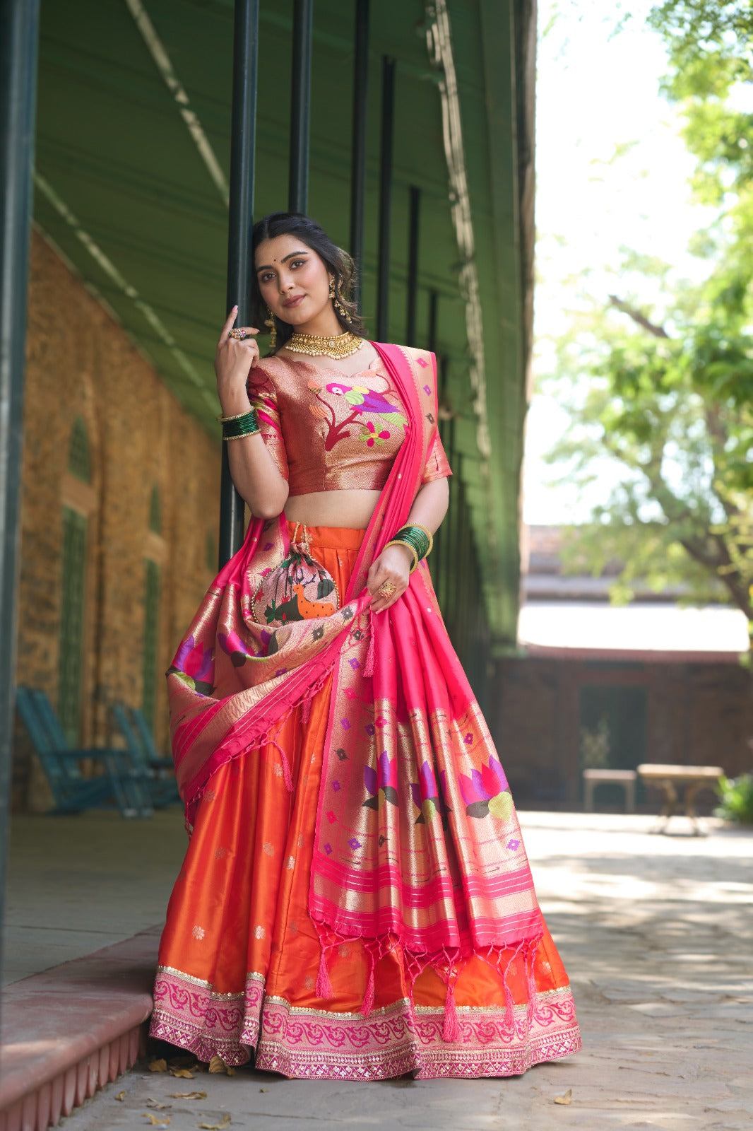 Orange & White Jacquard Silk Paithani Lehenga Choli
