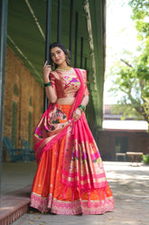 Orange & White Jacquard Silk Paithani Lehenga Choli