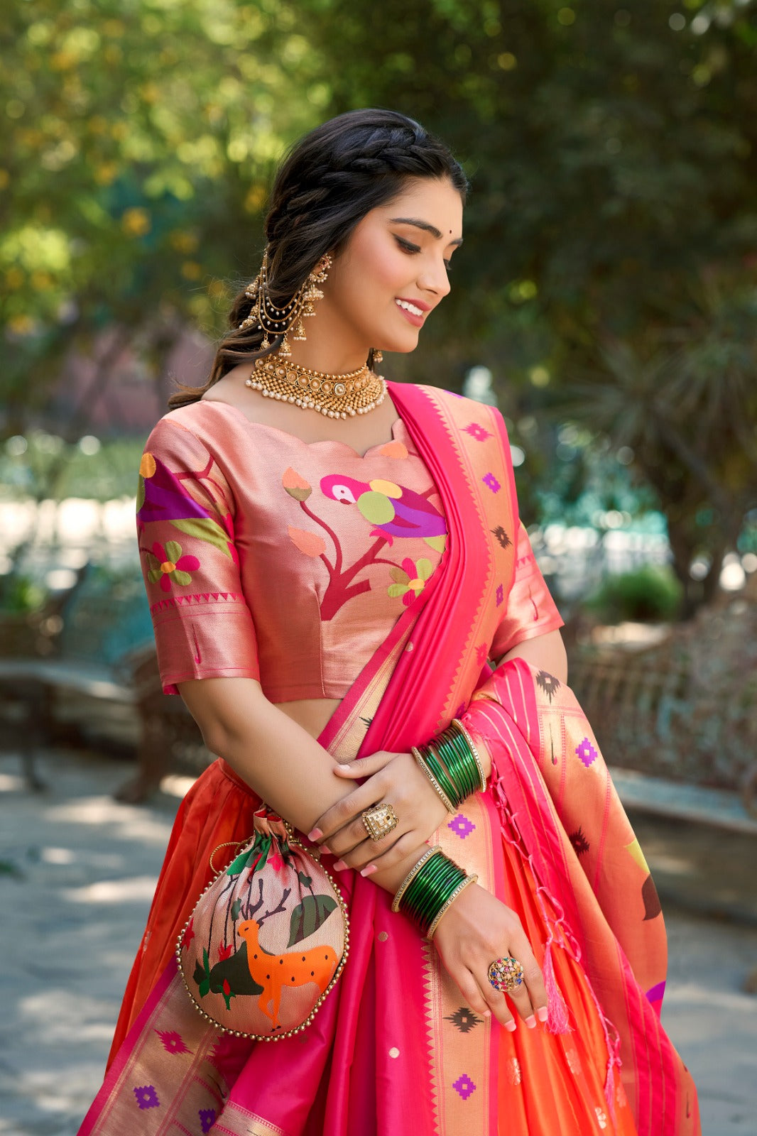 Orange & White Jacquard Silk Paithani Lehenga Choli