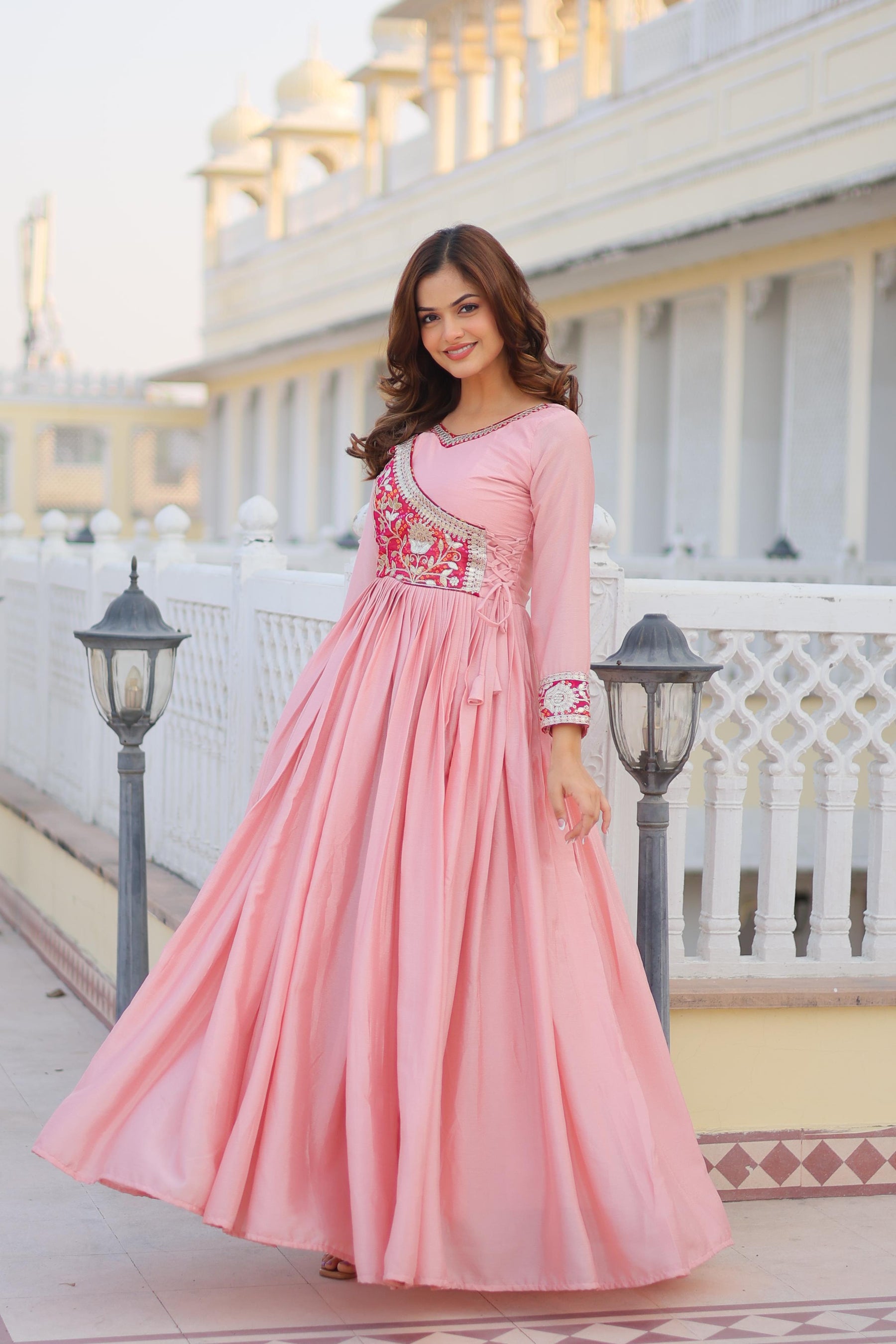 Stunning Bandhej Print Festival Gown with Jacket & Hand Purse