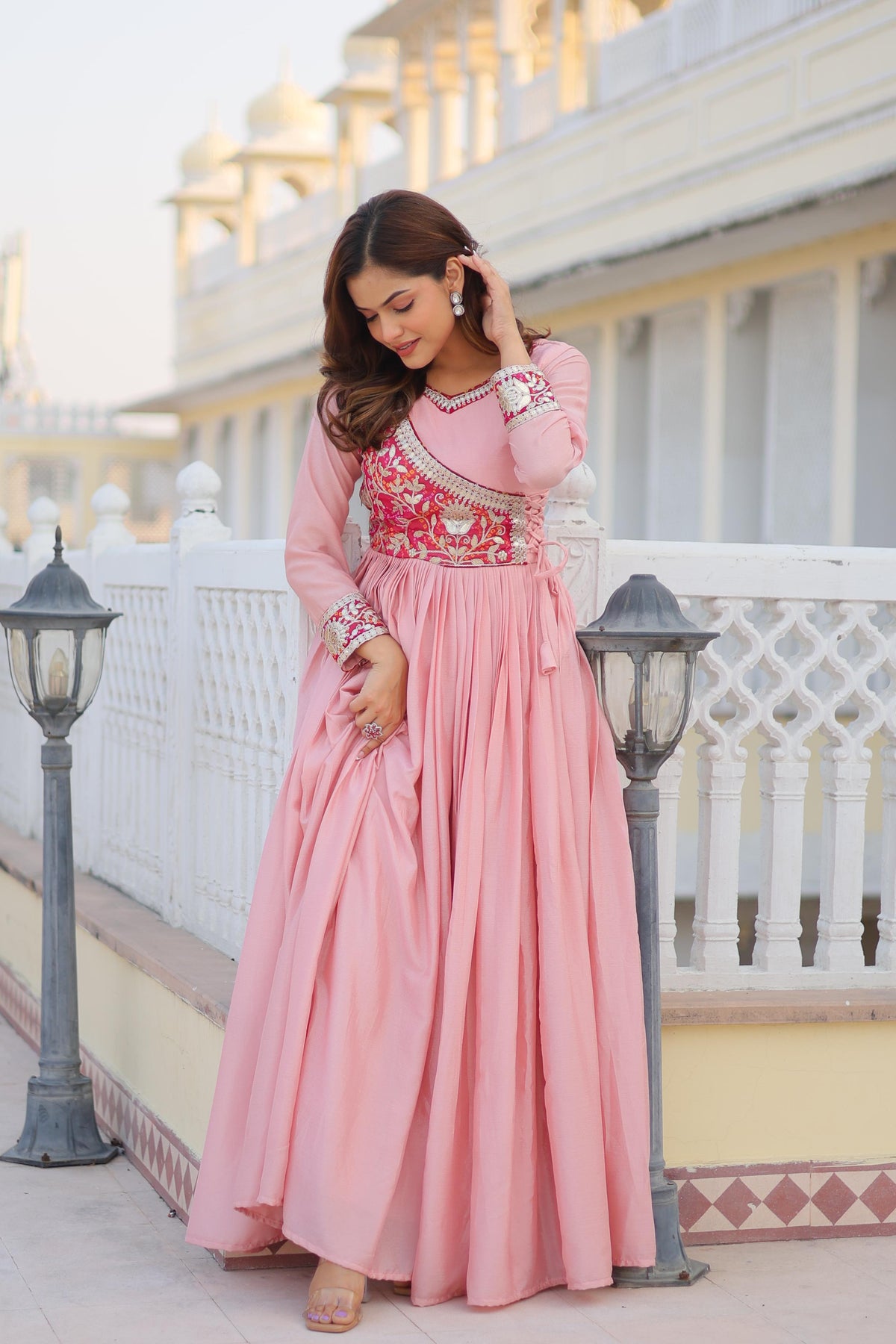 Stunning Bandhej Print Festival Gown with Jacket & Hand Purse