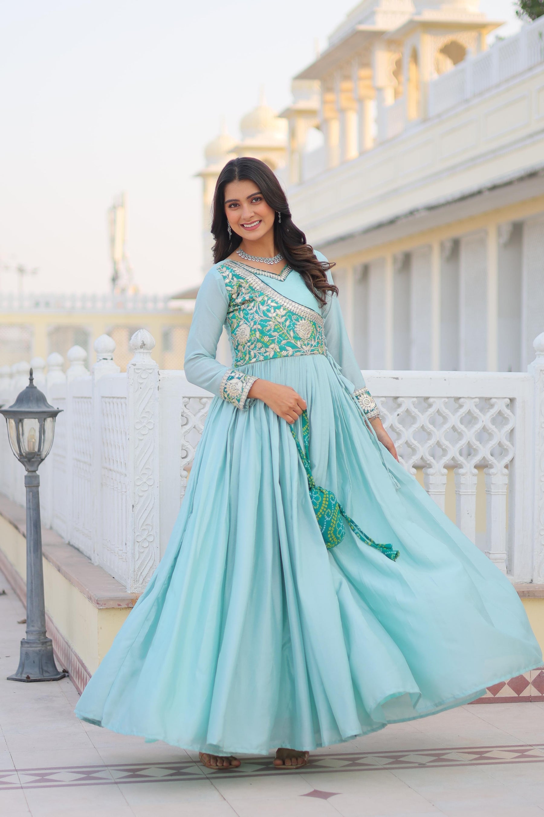 Stunning Bandhej Print Festival Gown with Jacket & Hand Purse