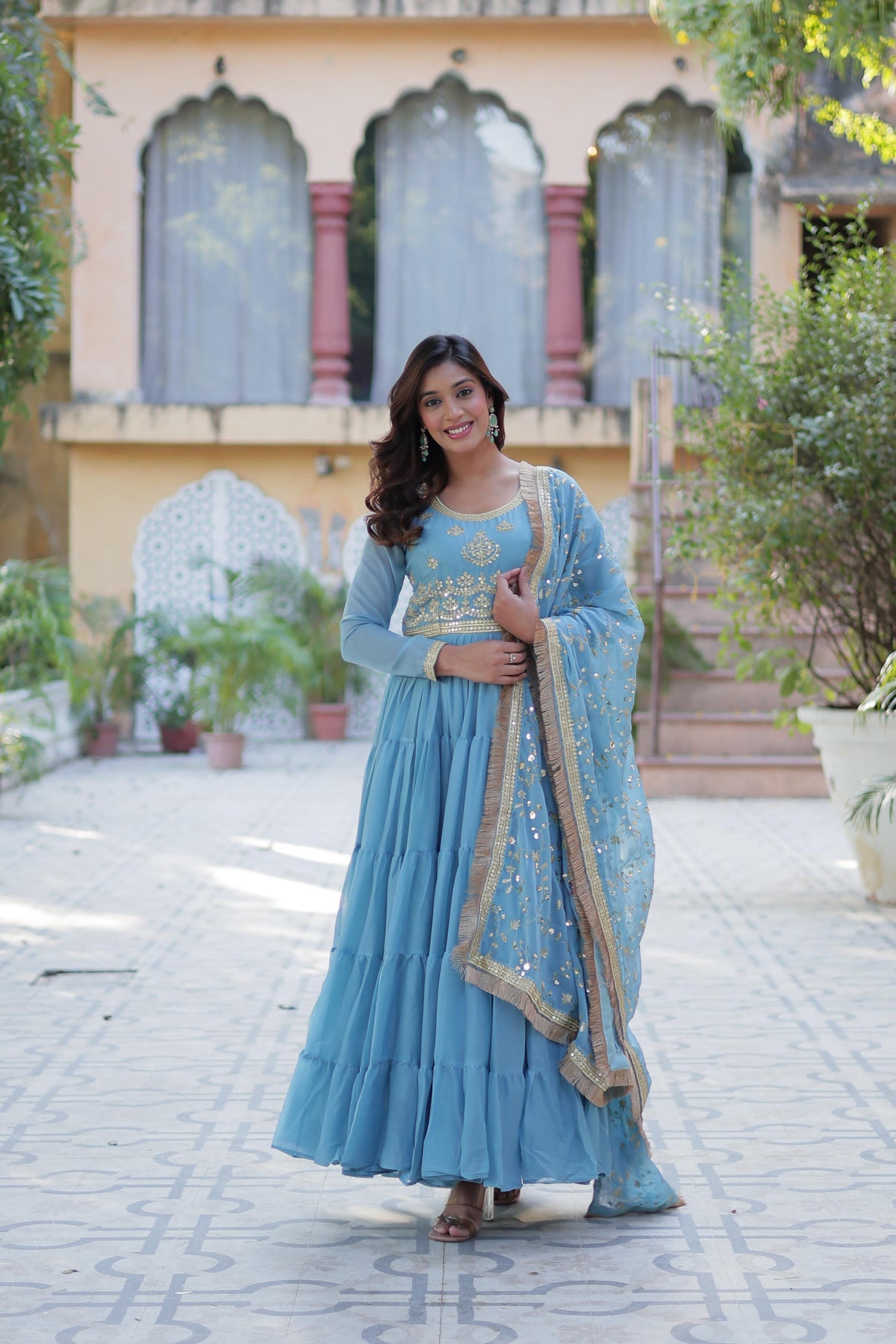 Ready to Wear Georgette Flair Gown with Designer Embroidered Dupatta