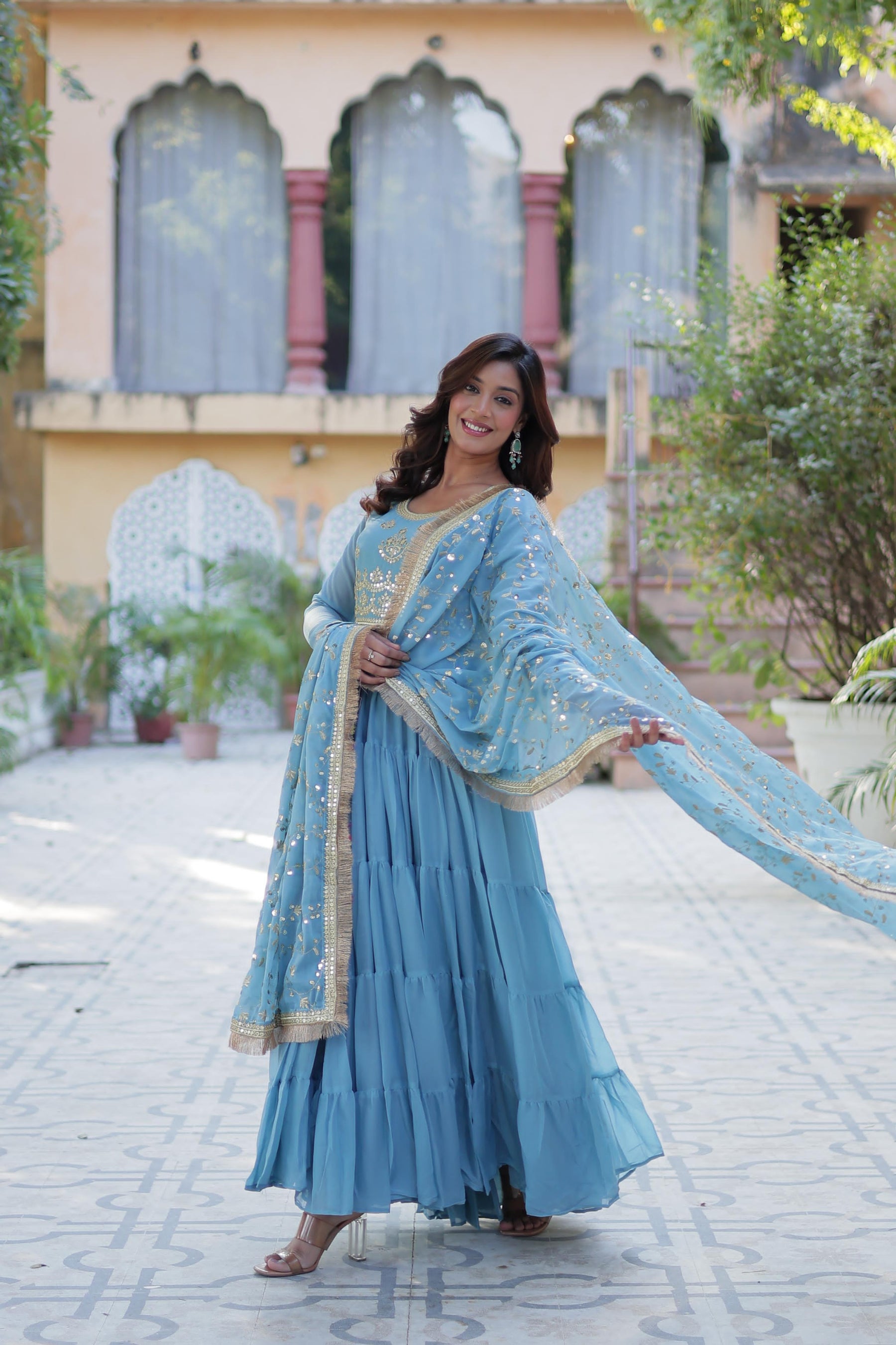 Ready to Wear Georgette Flair Gown with Designer Embroidered Dupatta