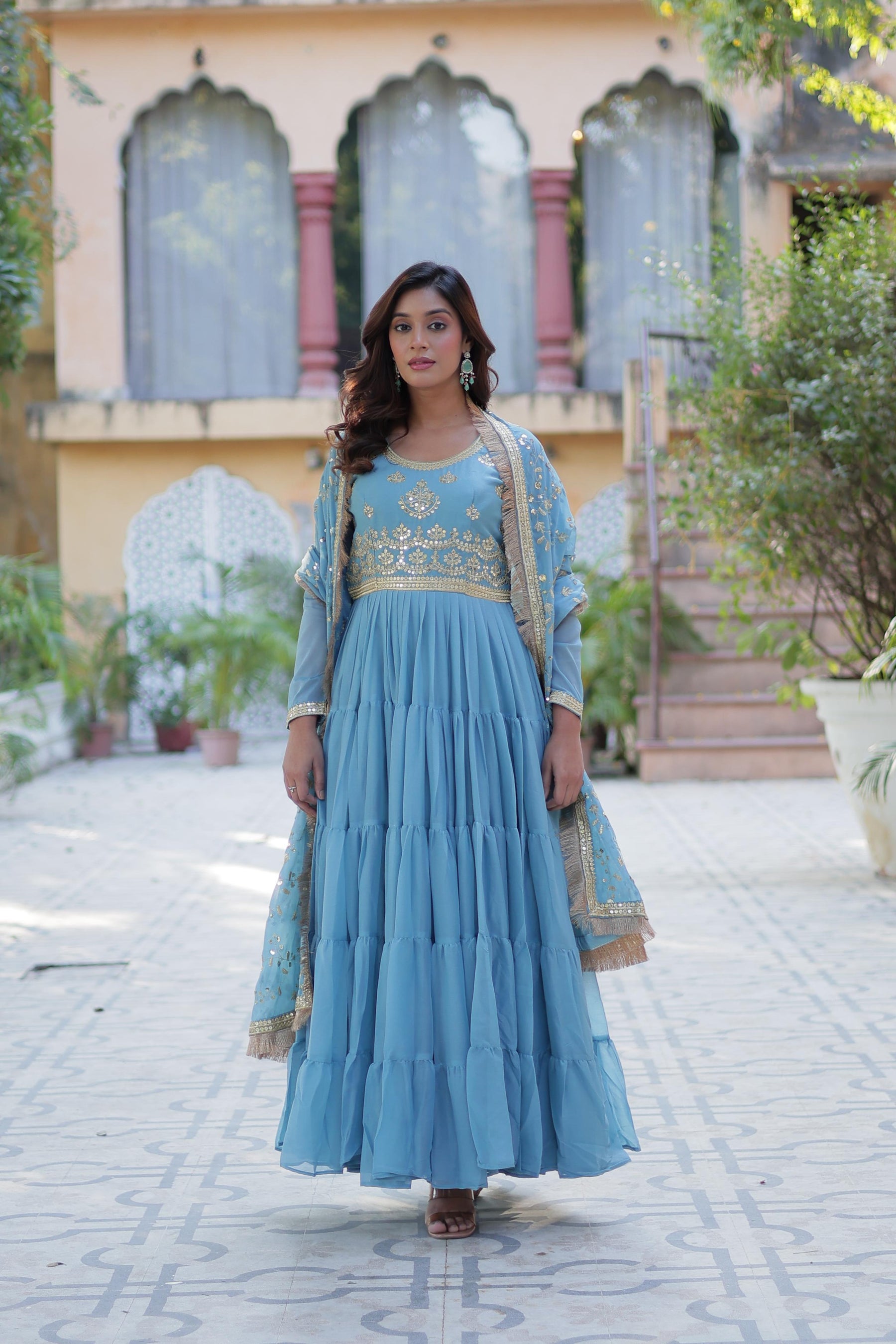 Ready to Wear Georgette Flair Gown with Designer Embroidered Dupatta