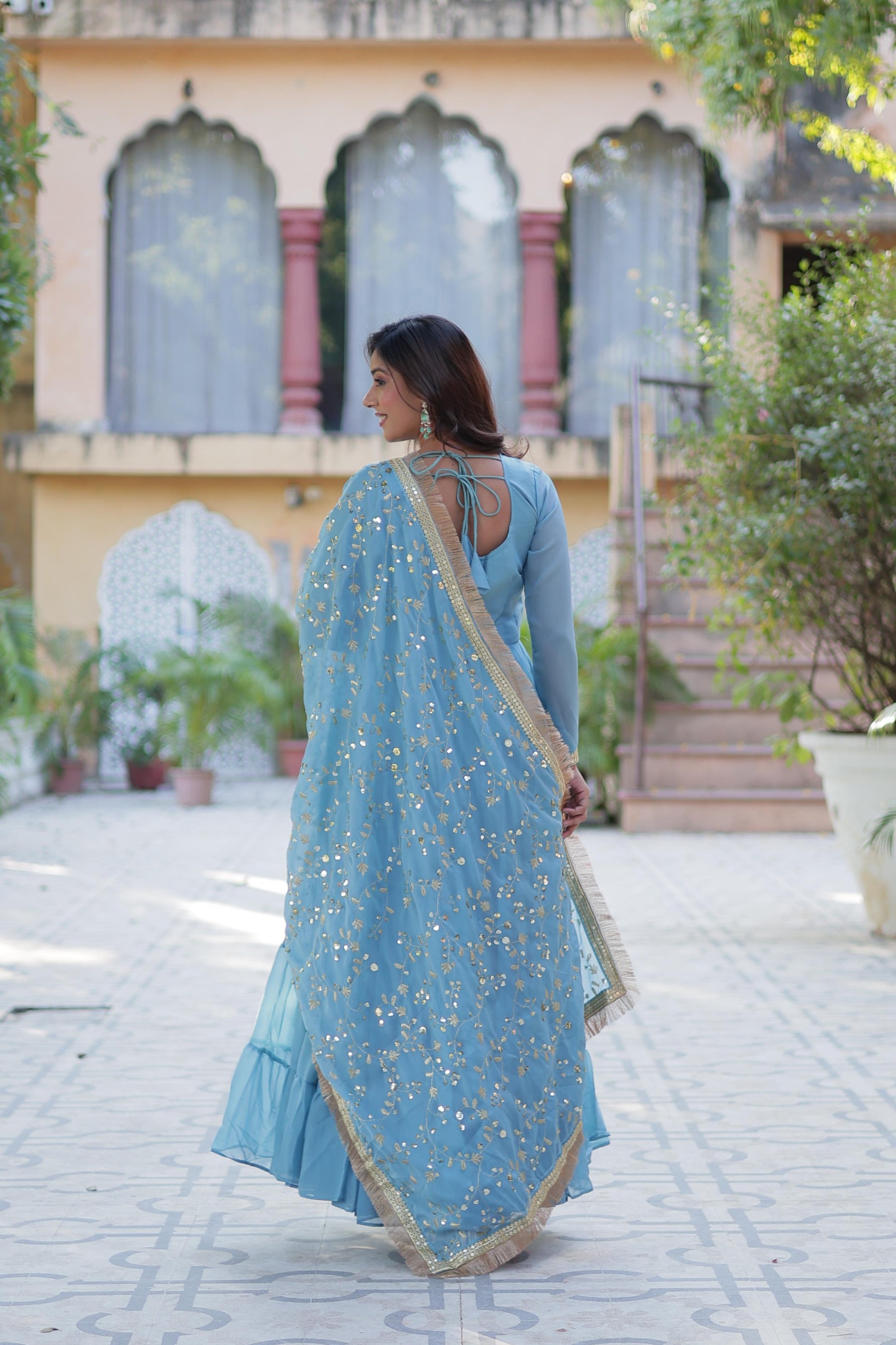 Ready to Wear Georgette Flair Gown with Designer Embroidered Dupatta