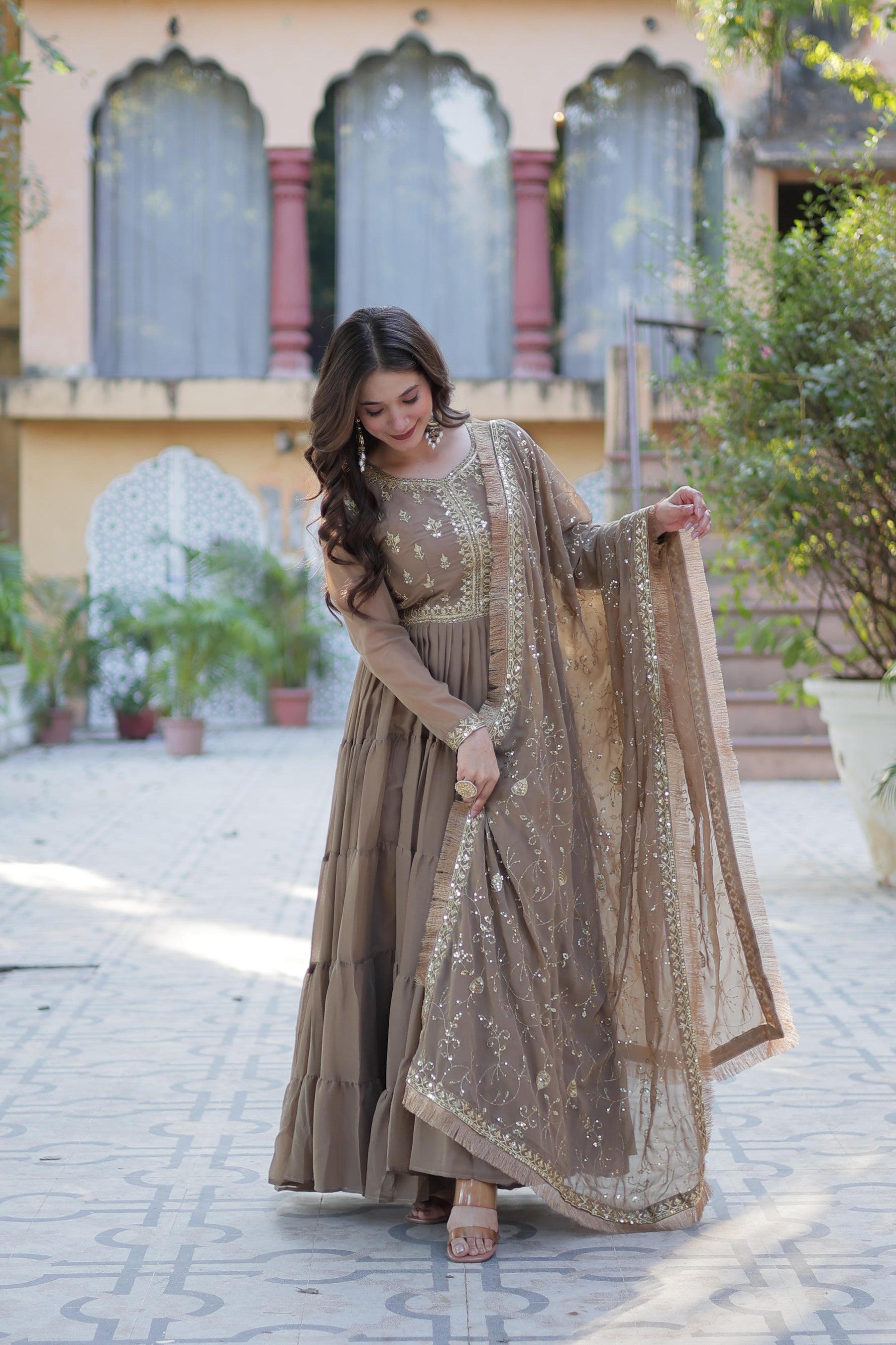Ready to Wear Georgette Flair Gown with Designer Embroidered Dupatta