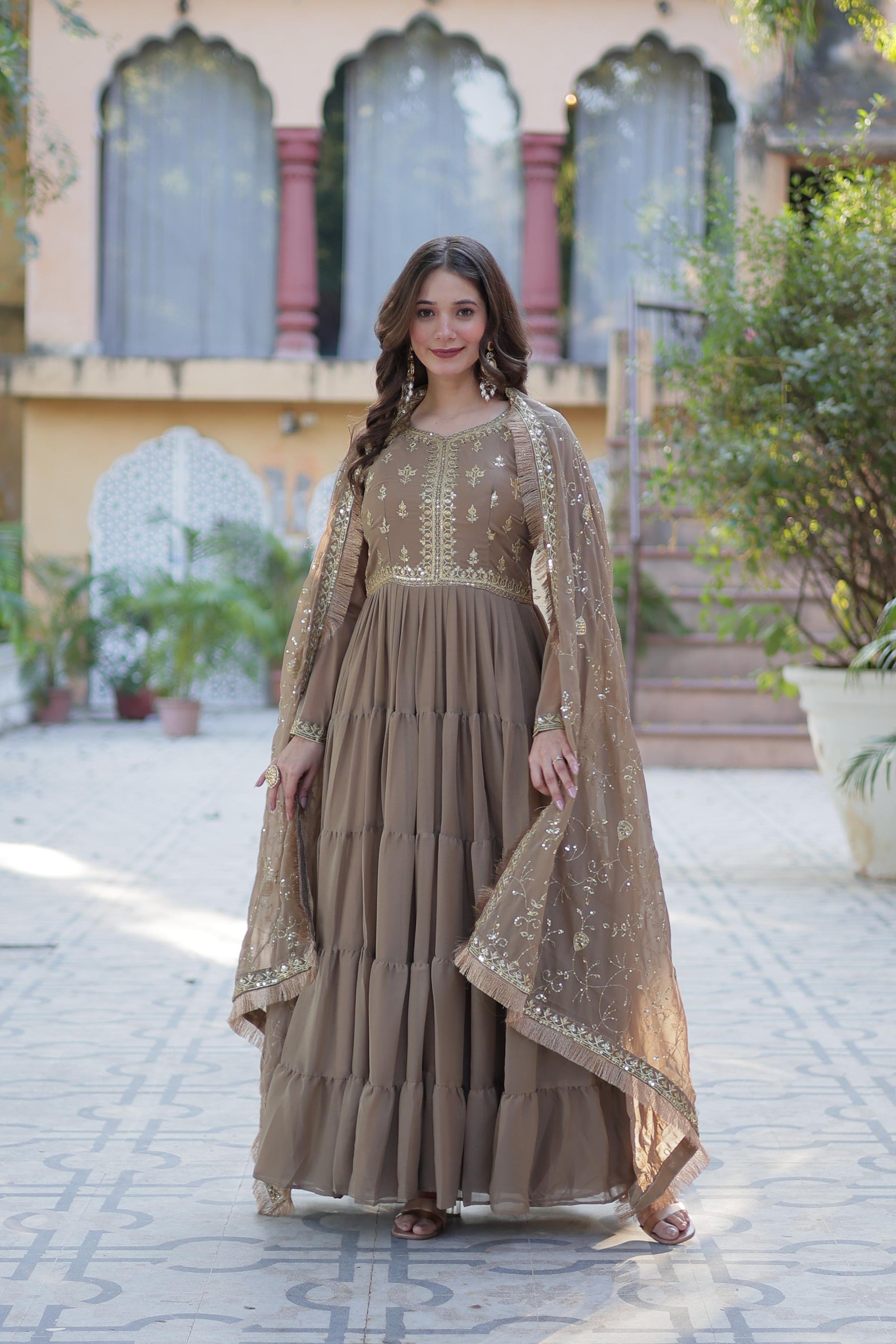 Ready to Wear Georgette Flair Gown with Designer Embroidered Dupatta