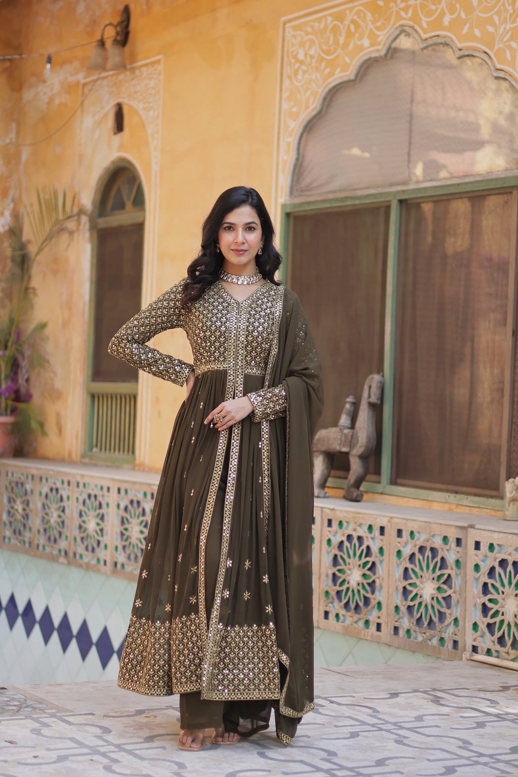 Designer Green & Red Faux Georgette Kurti set
