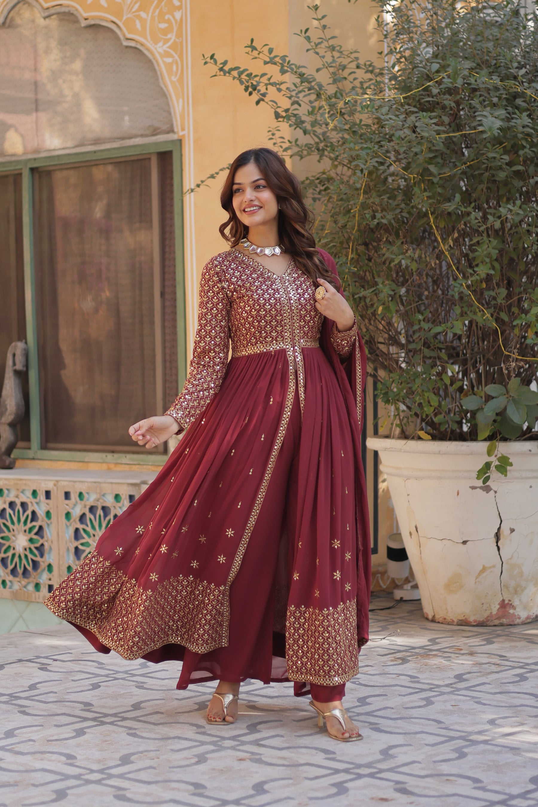 Designer Green & Red Faux Georgette Kurti set