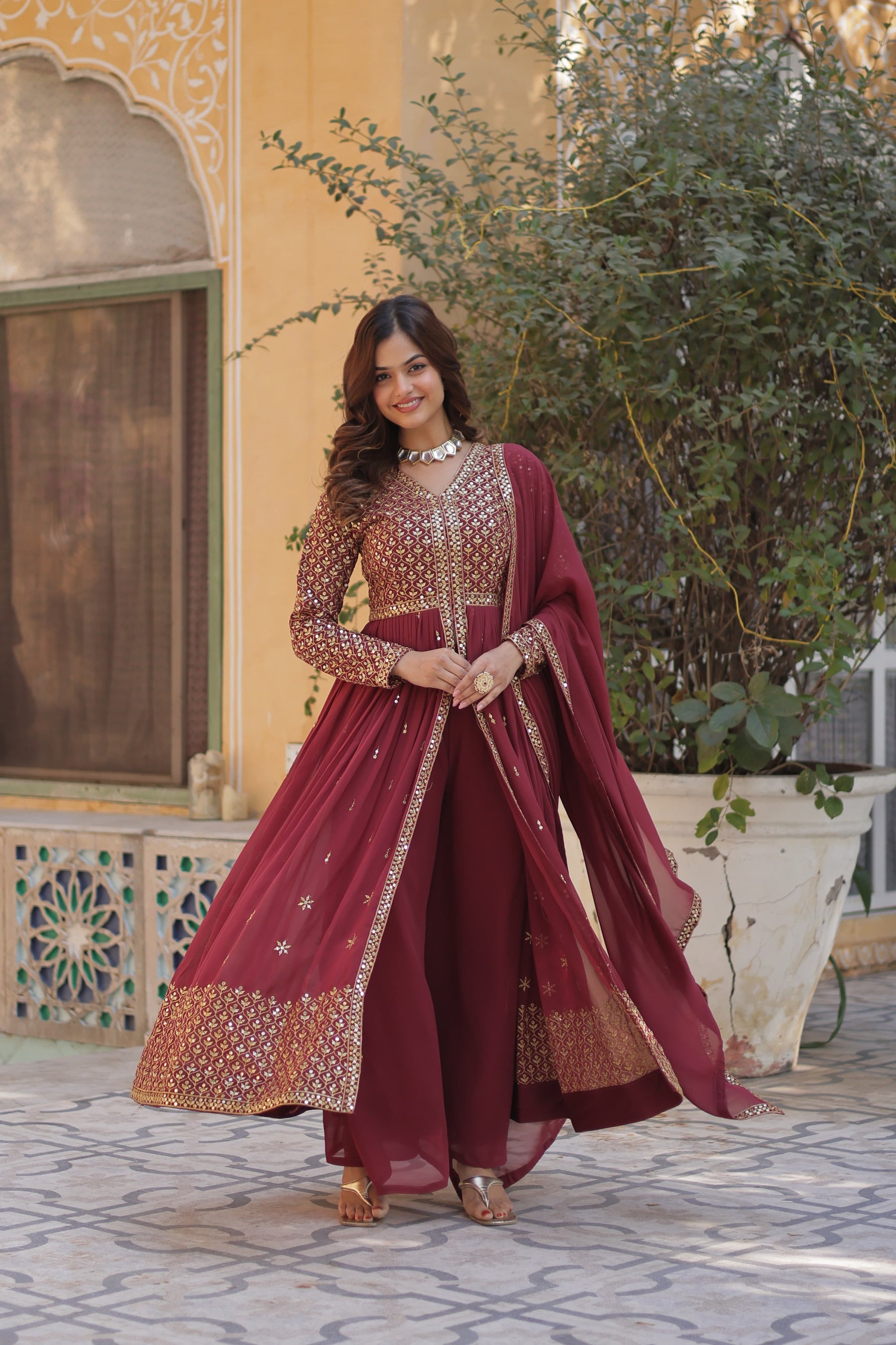 Designer Green & Red Faux Georgette Kurti set