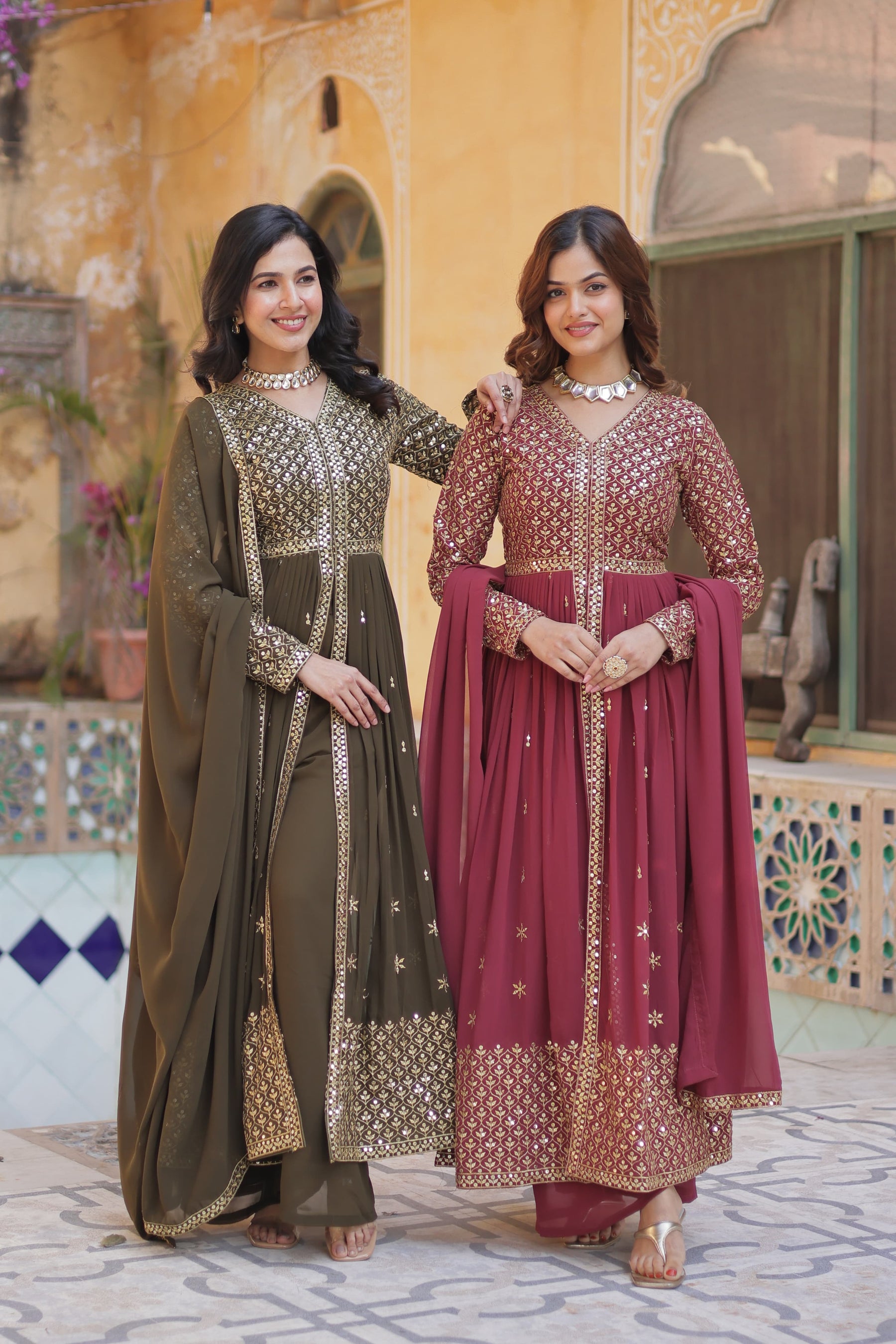 Designer Green & Red Faux Georgette Kurti set