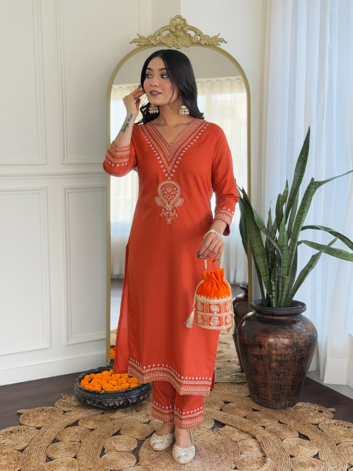 Orange & Pink Elegant Kurti Set with Dupatta