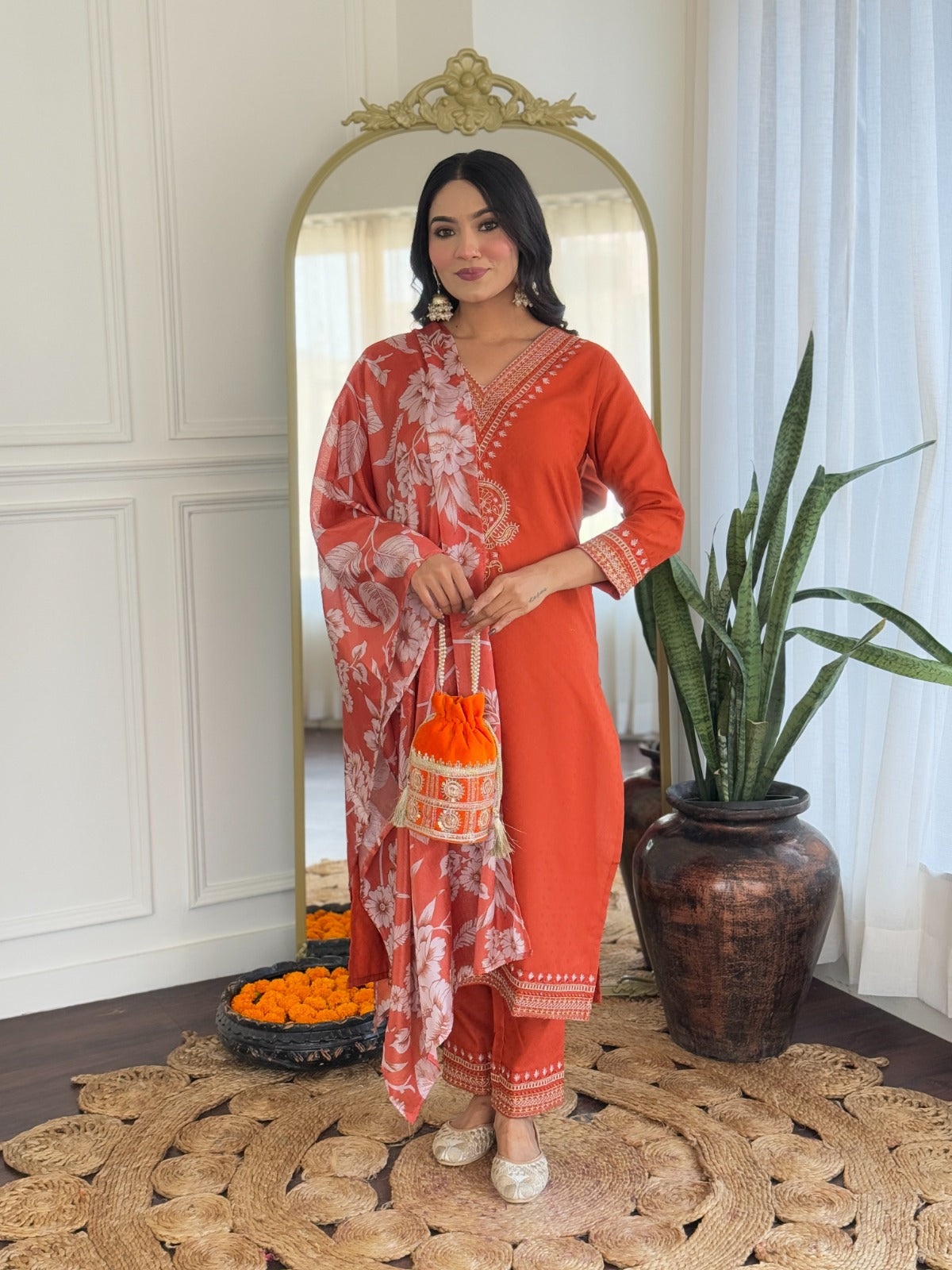 Orange & Pink Elegant Kurti Set with Dupatta
