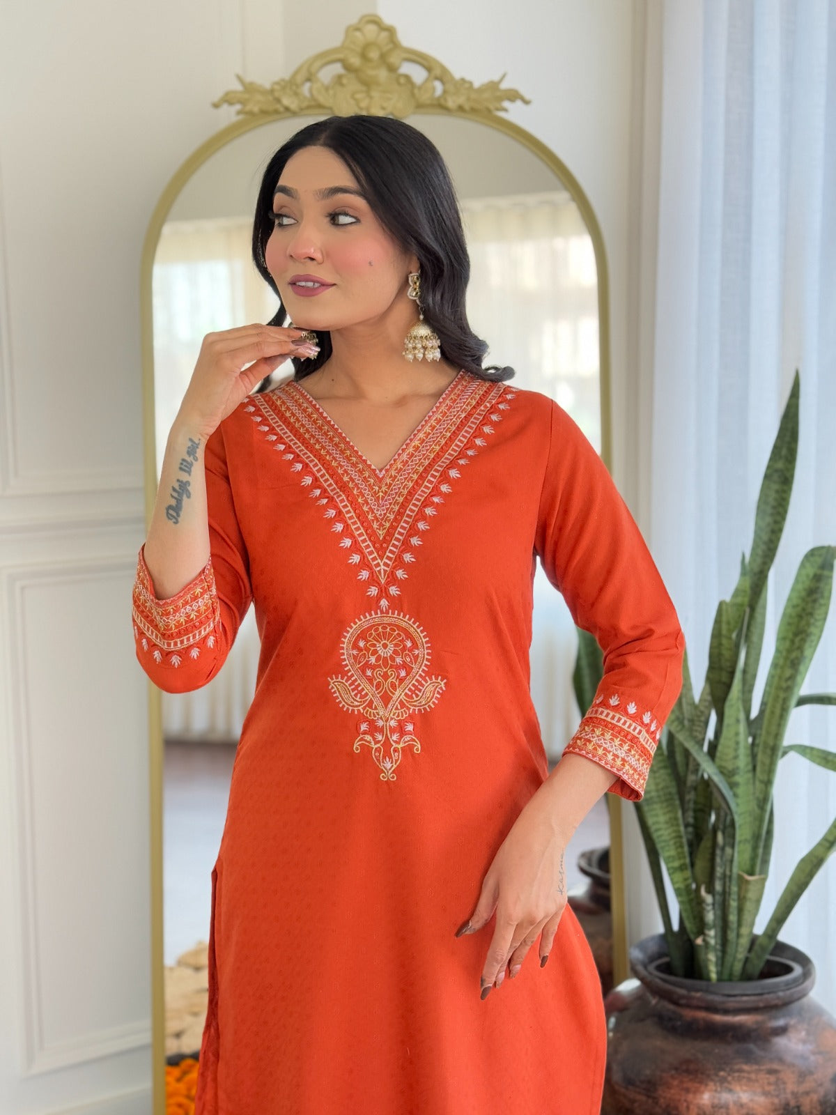 Orange & Pink Elegant Kurti Set with Dupatta