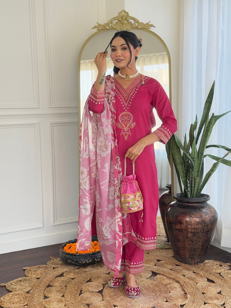 Orange & Pink Elegant Kurti Set with Dupatta