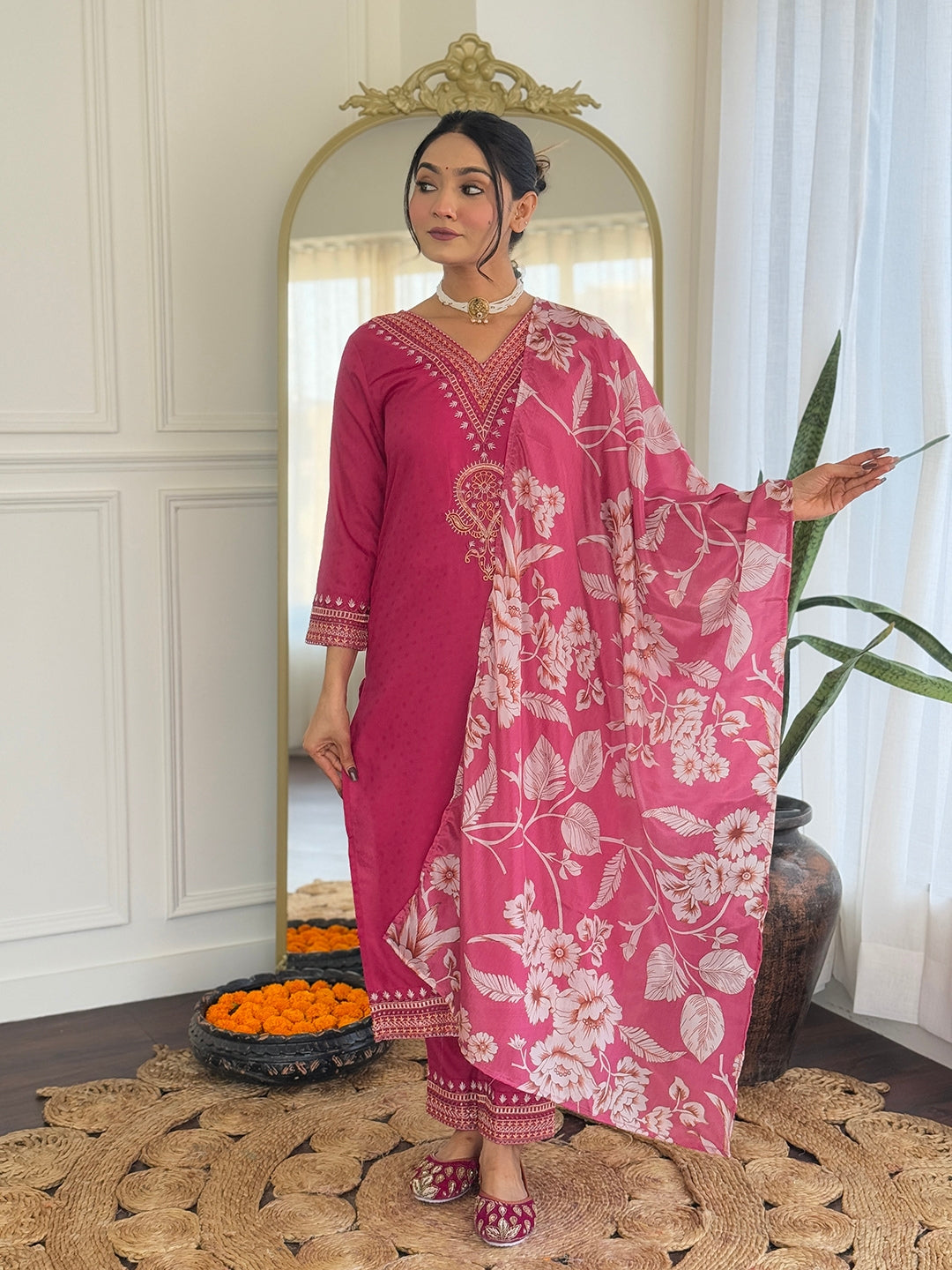 Orange & Pink Elegant Kurti Set with Dupatta