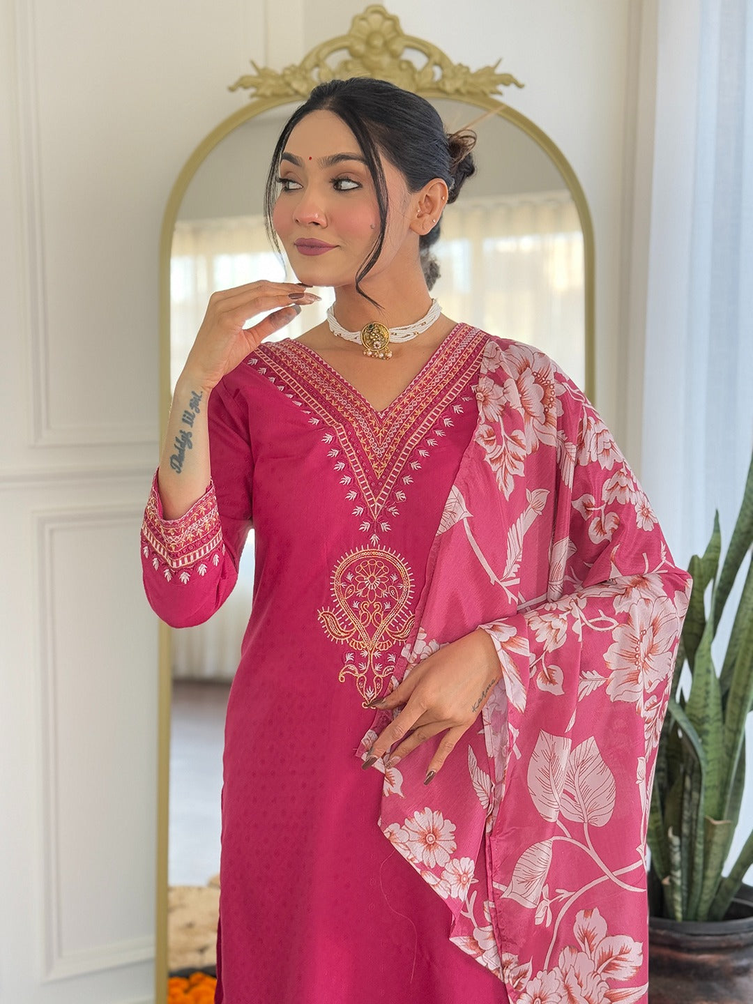 Orange & Pink Elegant Kurti Set with Dupatta