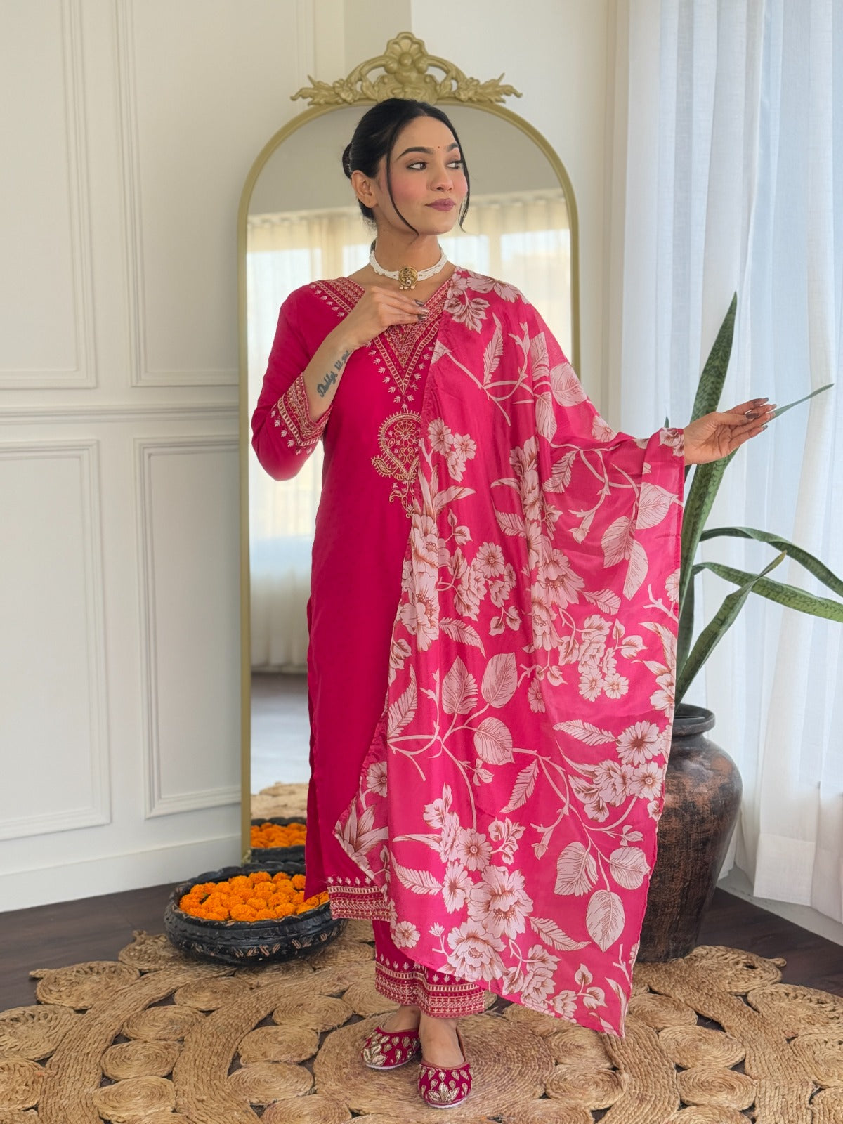 Orange & Pink Elegant Kurti Set with Dupatta