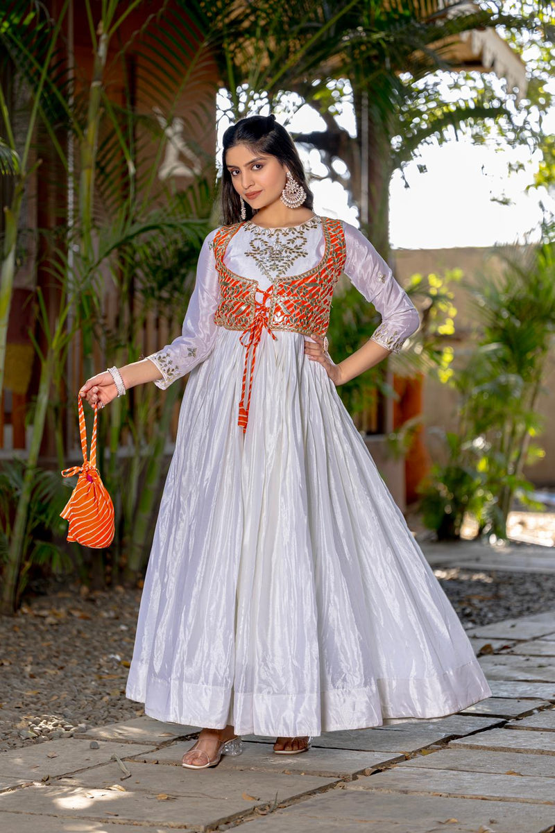 Elegant Laheriya Print Festival Gown with Jacket & Hand Purse