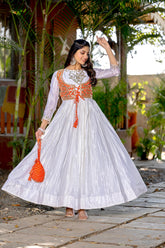 Elegant Laheriya Print Festival Gown with Jacket & Hand Purse
