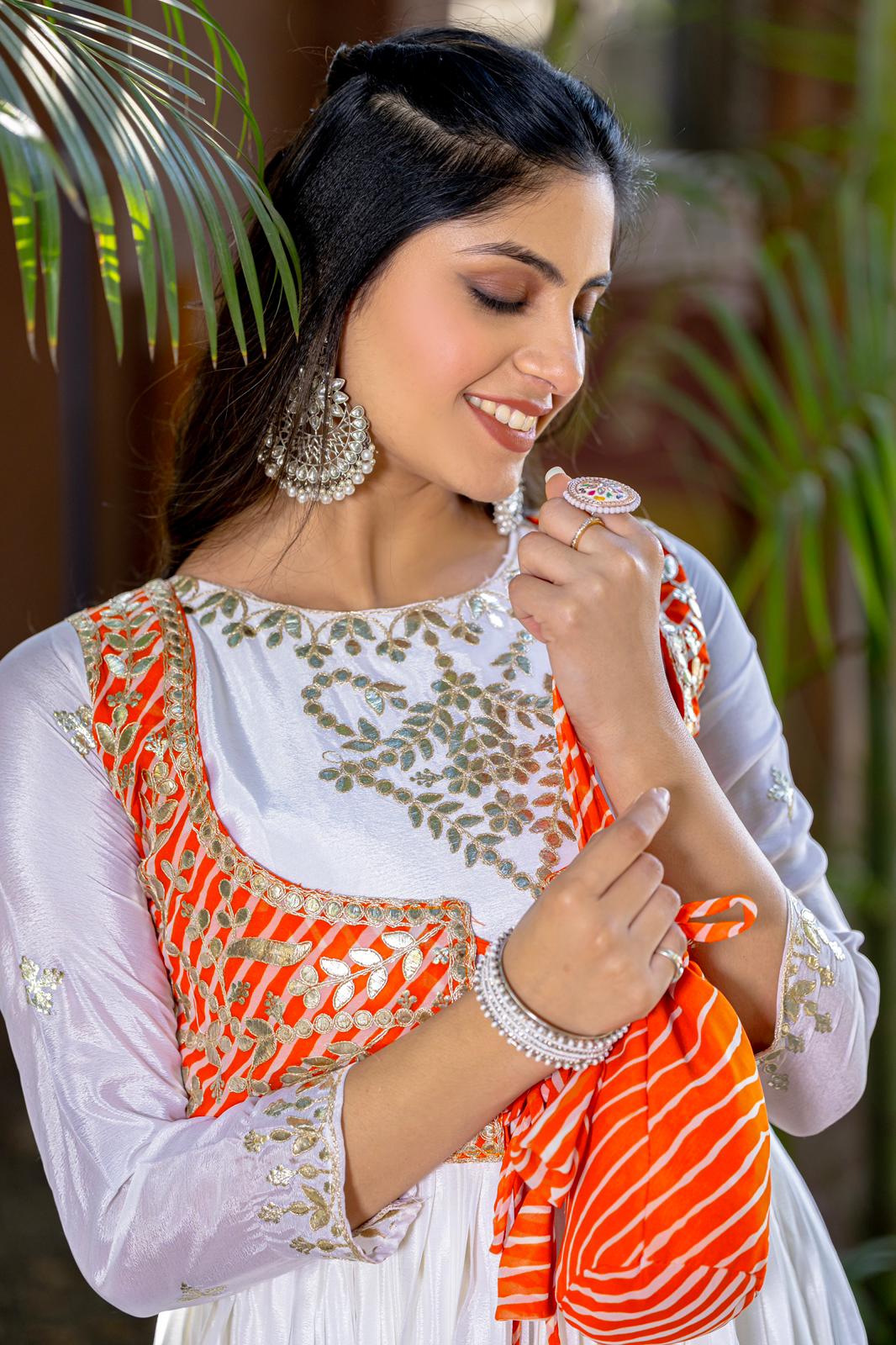 Elegant Laheriya Print Festival Gown with Jacket & Hand Purse