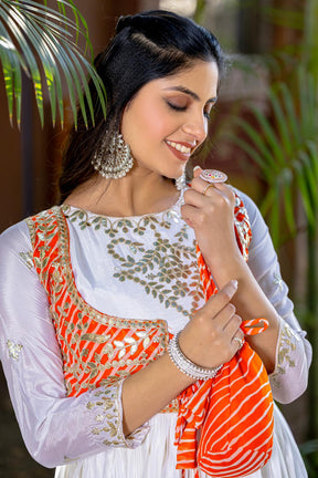 Elegant Laheriya Print Festival Gown with Jacket & Hand Purse