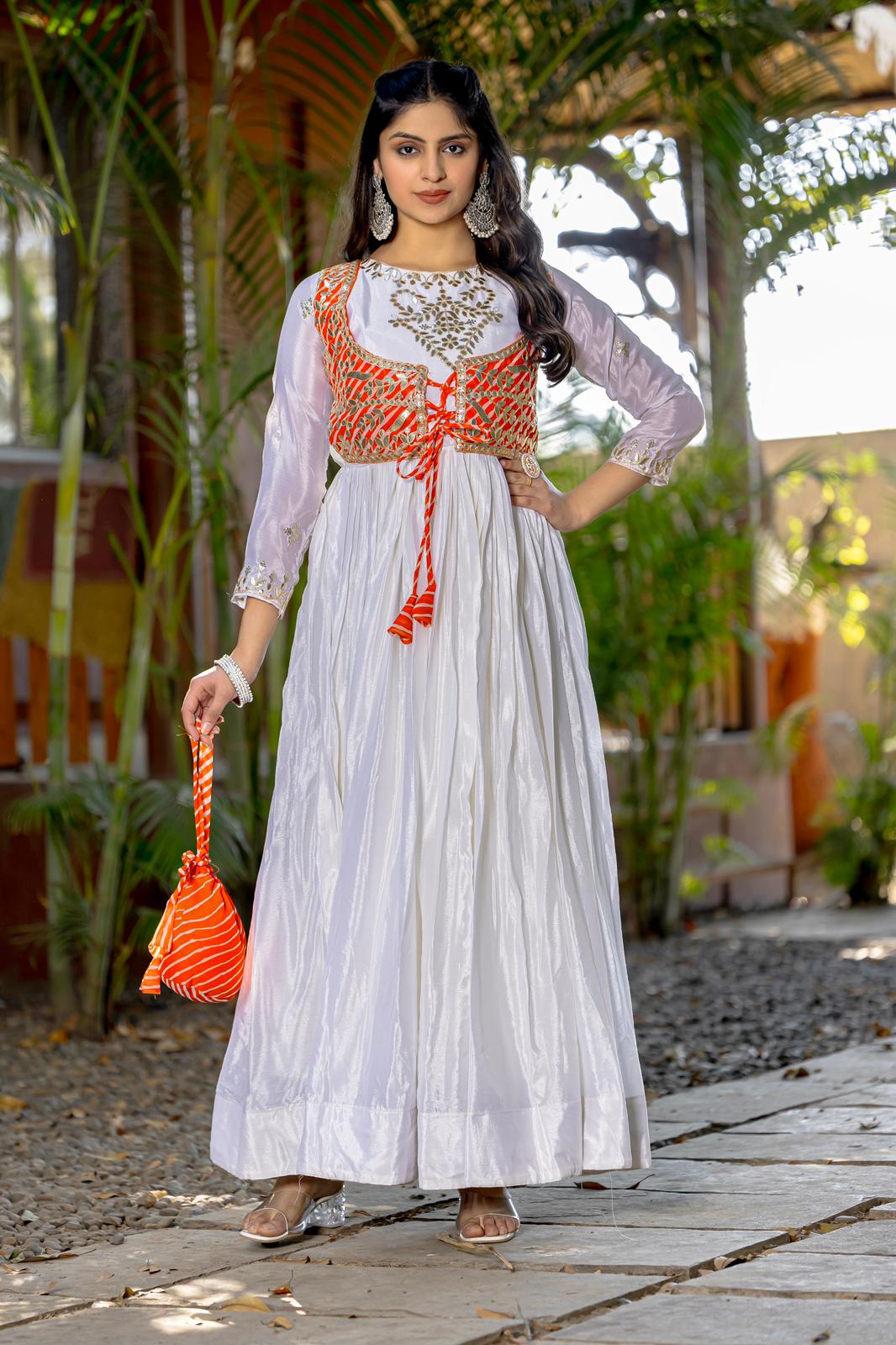 Elegant Laheriya Print Festival Gown with Jacket & Hand Purse