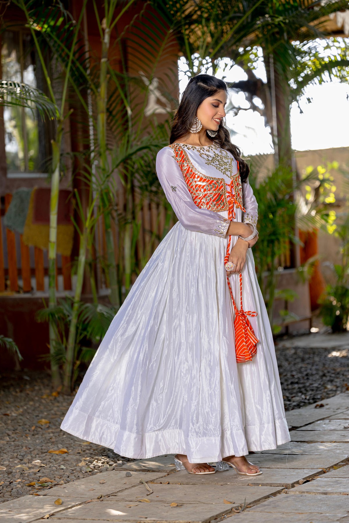 Elegant Laheriya Print Festival Gown with Jacket & Hand Purse