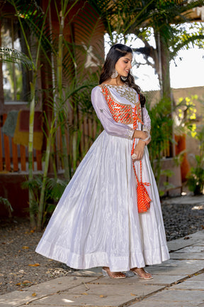 Elegant Laheriya Print Festival Gown with Jacket & Hand Purse
