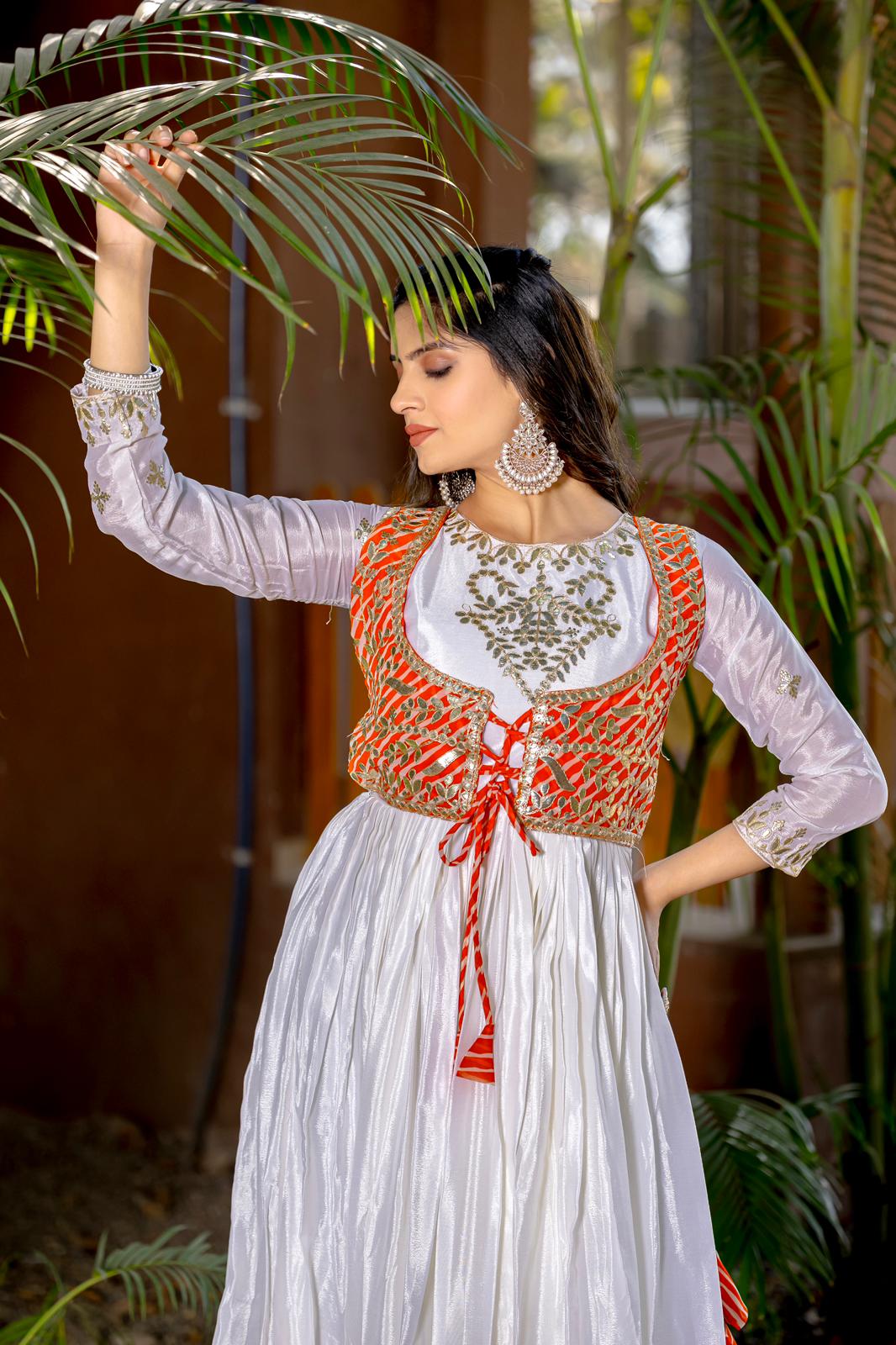 Elegant Laheriya Print Festival Gown with Jacket & Hand Purse