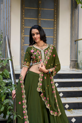 Georgette Mehendi Sequins & Thread Embroidery Lehenga