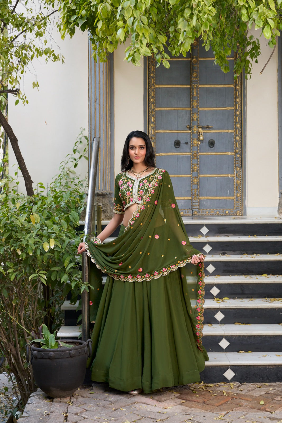 Georgette Mehendi Sequins & Thread Embroidery Lehenga