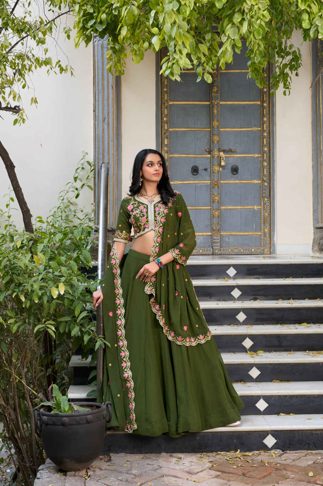 Georgette Mehendi Sequins & Thread Embroidery Lehenga