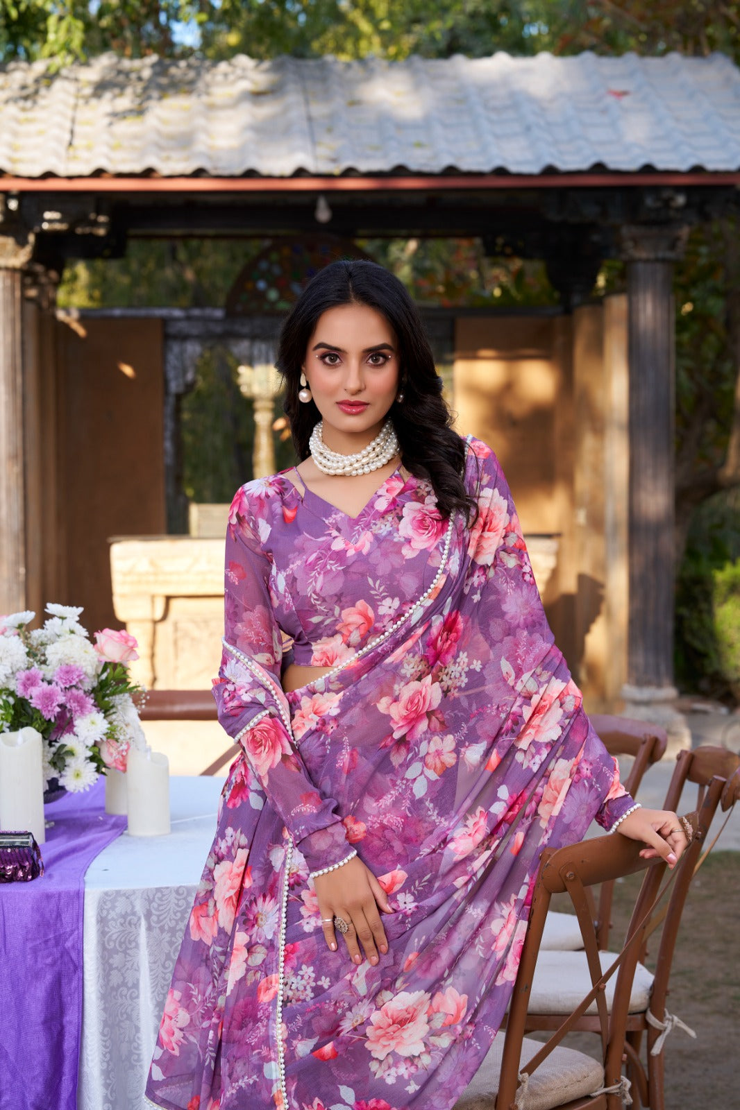 Marble Prints with Pearls lace saree