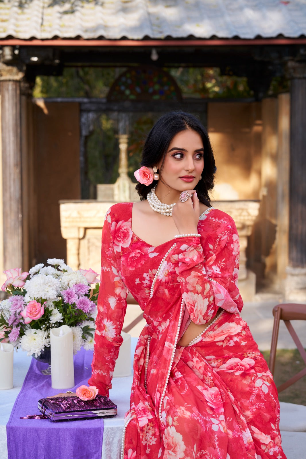 Marble Prints with Pearls lace saree