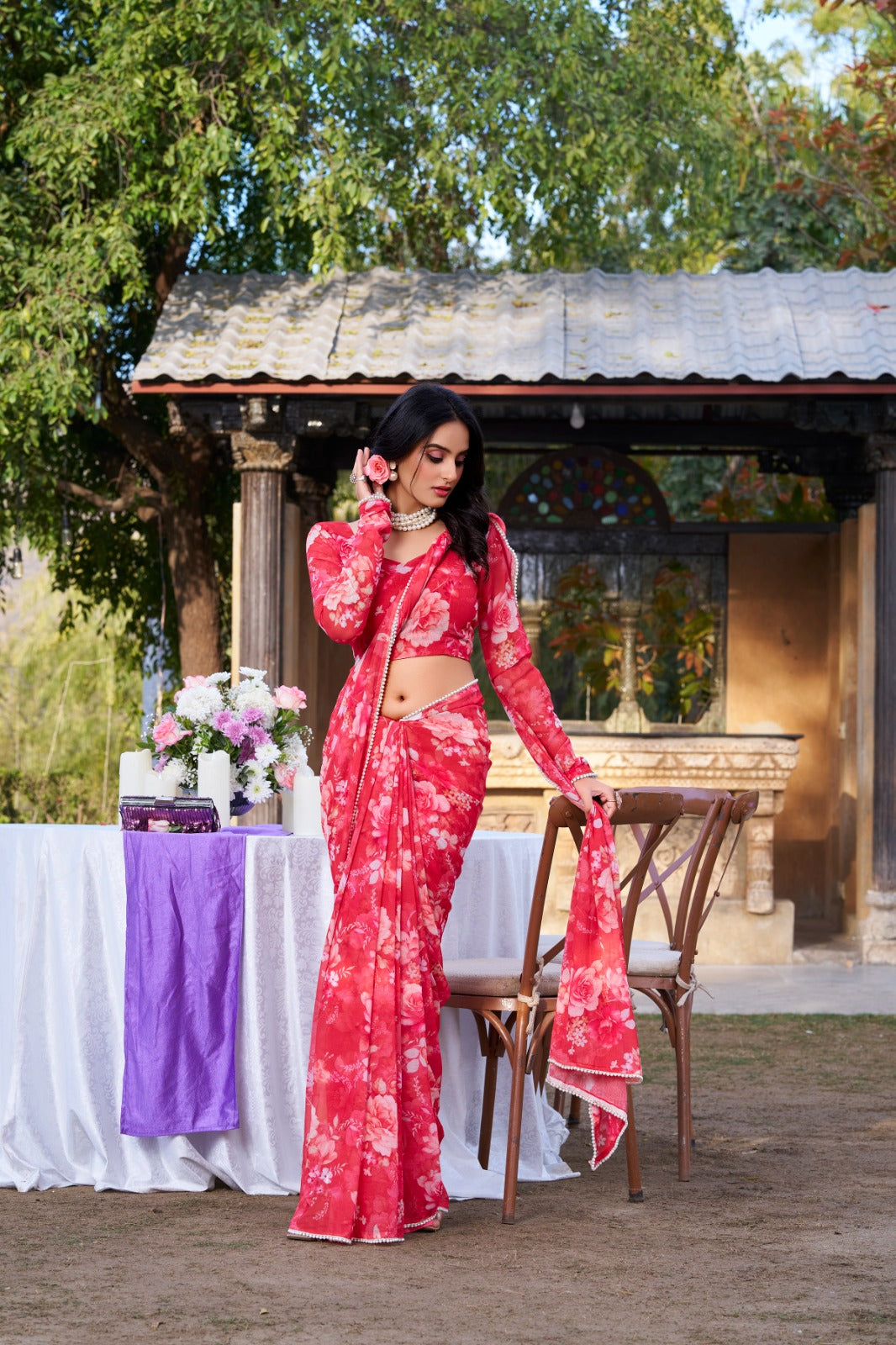 Marble Prints with Pearls lace saree
