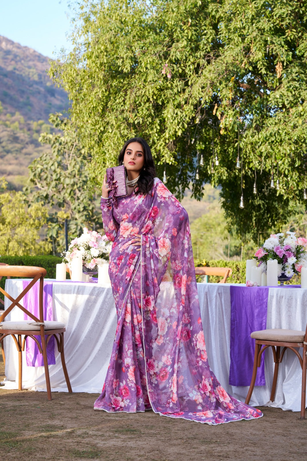 Marble Prints with Pearls lace saree