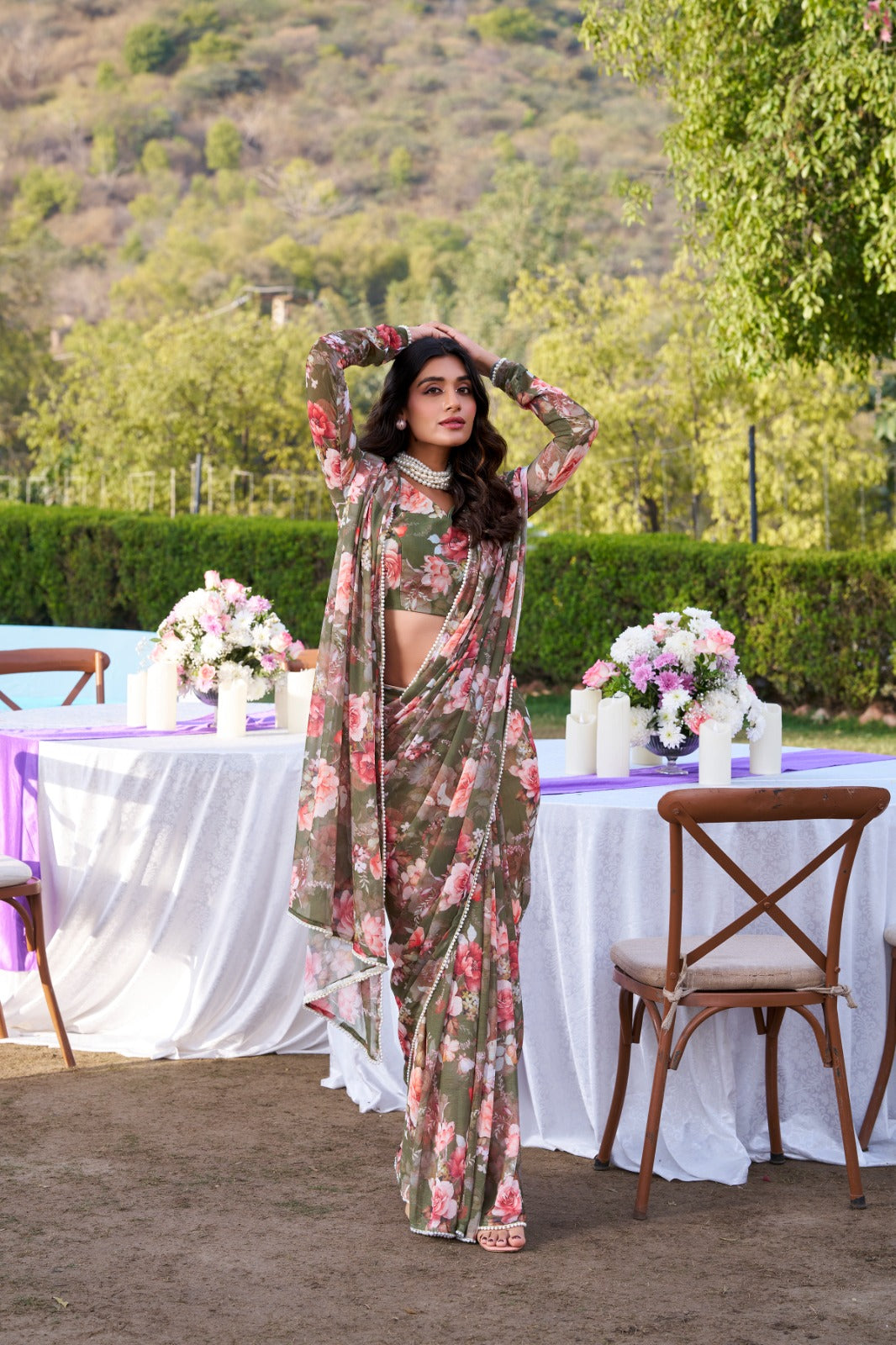Marble Prints with Pearls lace saree
