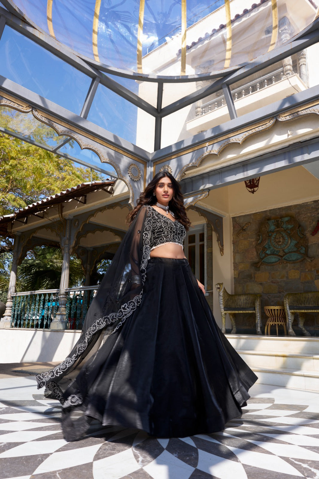 Stunning Black Star Satin Lehenga