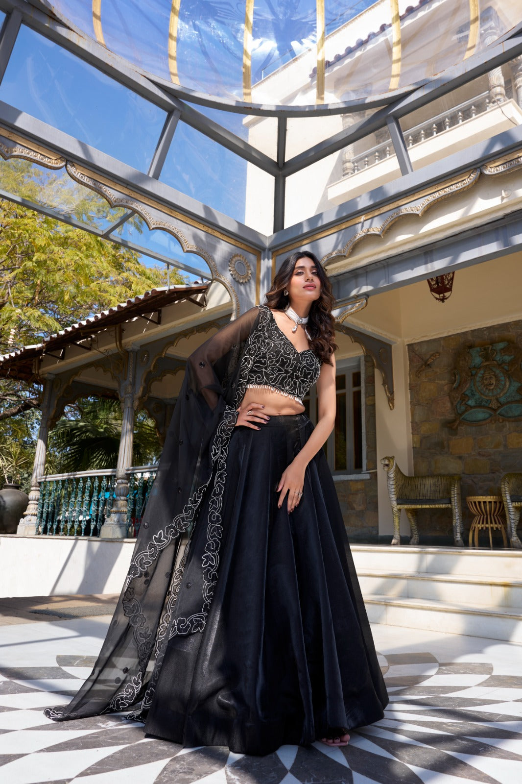 Stunning Black Star Satin Lehenga