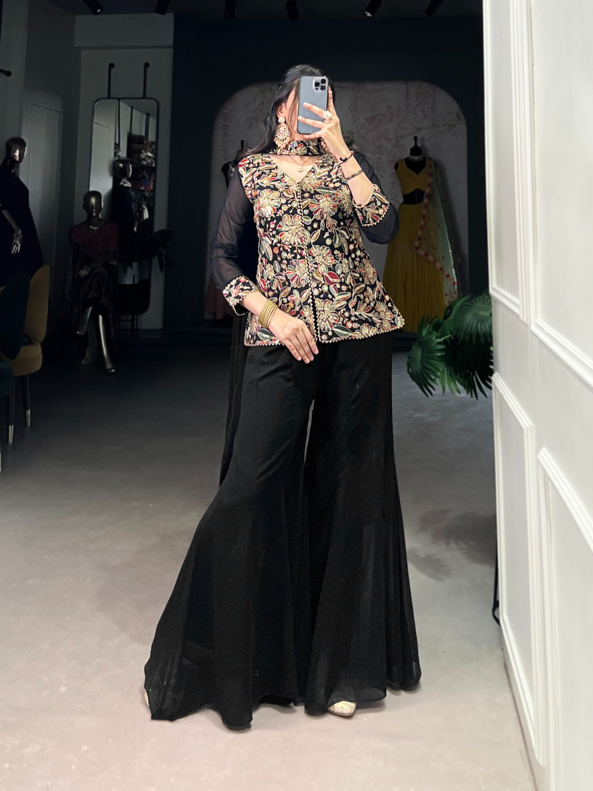 Black Georgette Plazzo Kurti Set