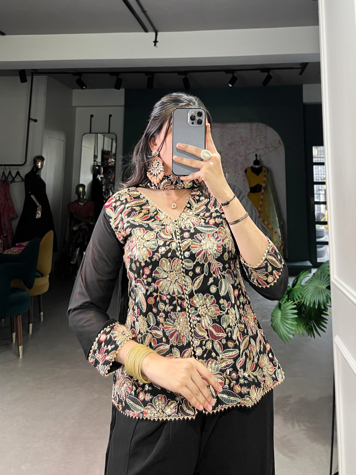 Black Georgette Plazzo Kurti Set