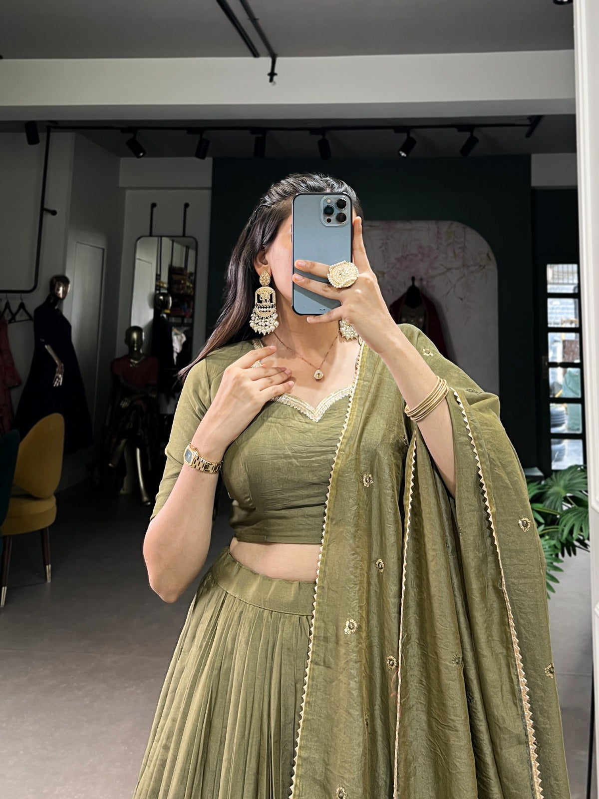 Green & Gold Pure Chanderi Zari Work Lehenga Choli
