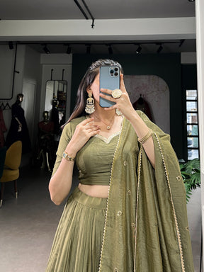 Green & Gold Pure Chanderi Zari Work Lehenga Choli